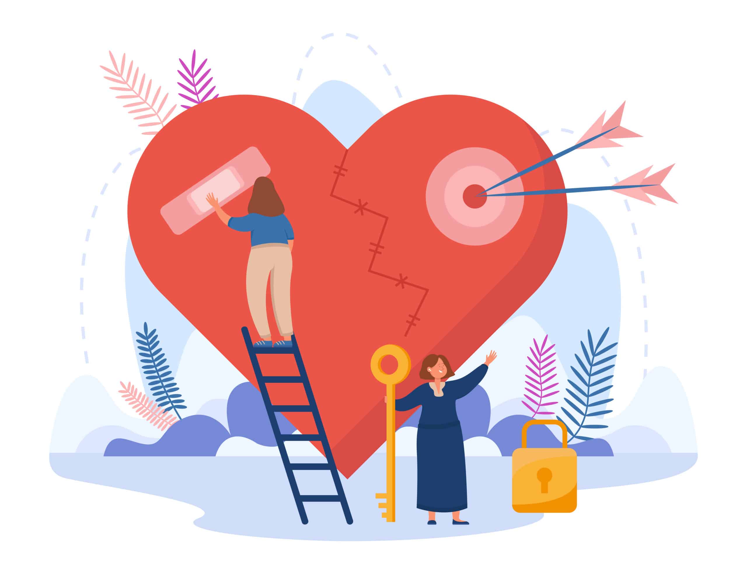Tiny girl standing on stairs and taping broken heart Tiny girl standing on stairs and taping broken heart. Female cartoon character holding key to lock flat vector illustration. Failure relationship, sensitive love, vulnerable person concept